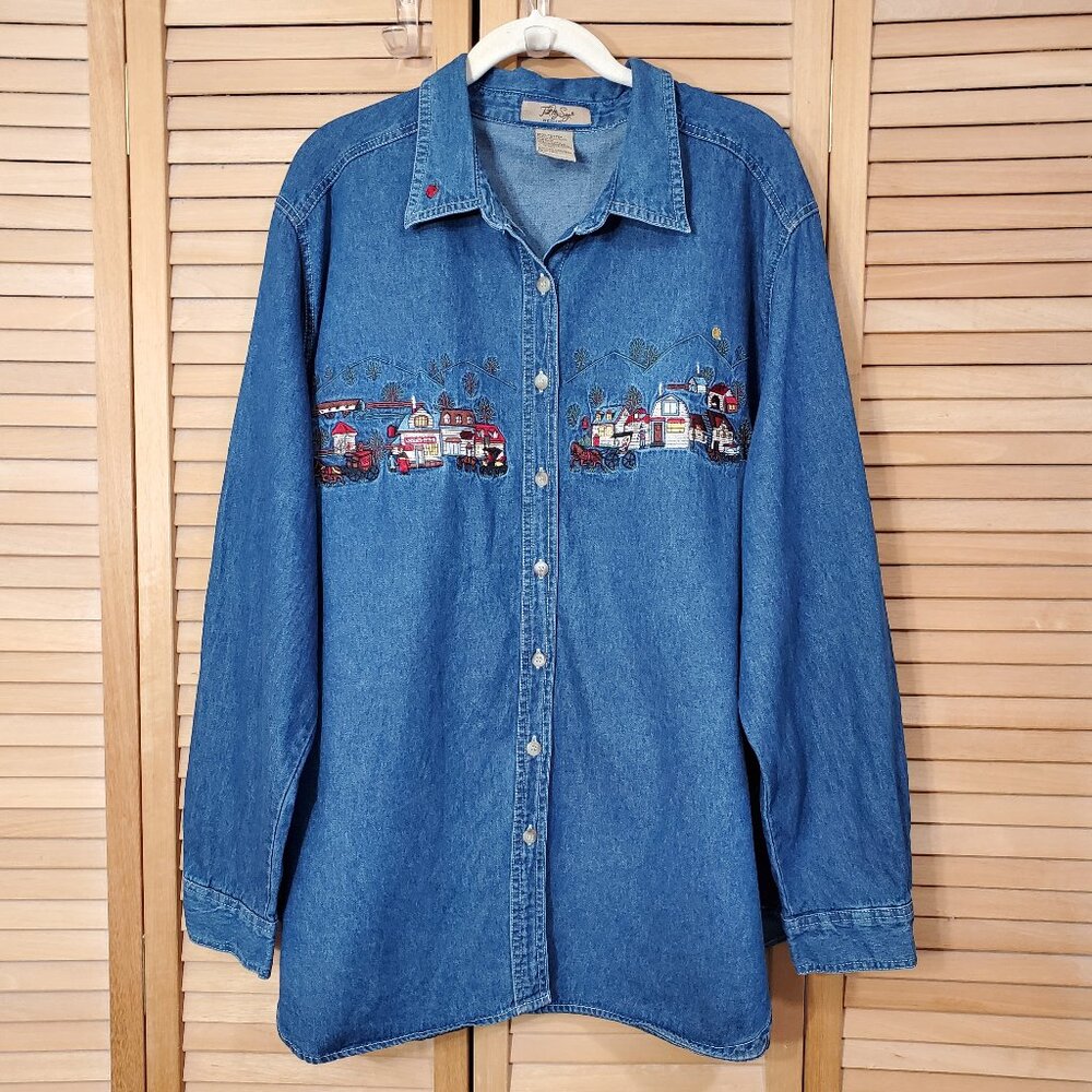 Just My Size Women's Embroidered Button Front Denim Shirt 22W/24W
